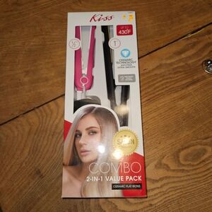 Kiss Combo 2-in-1 Ceramic Flat Iron Set 1 Inch and 1/2 Inch Pink Black DA01